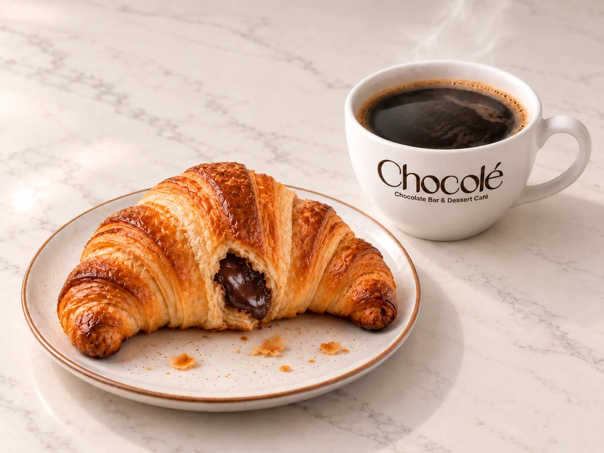Chocolate Croissant Combo with hot coffee; serving illustration