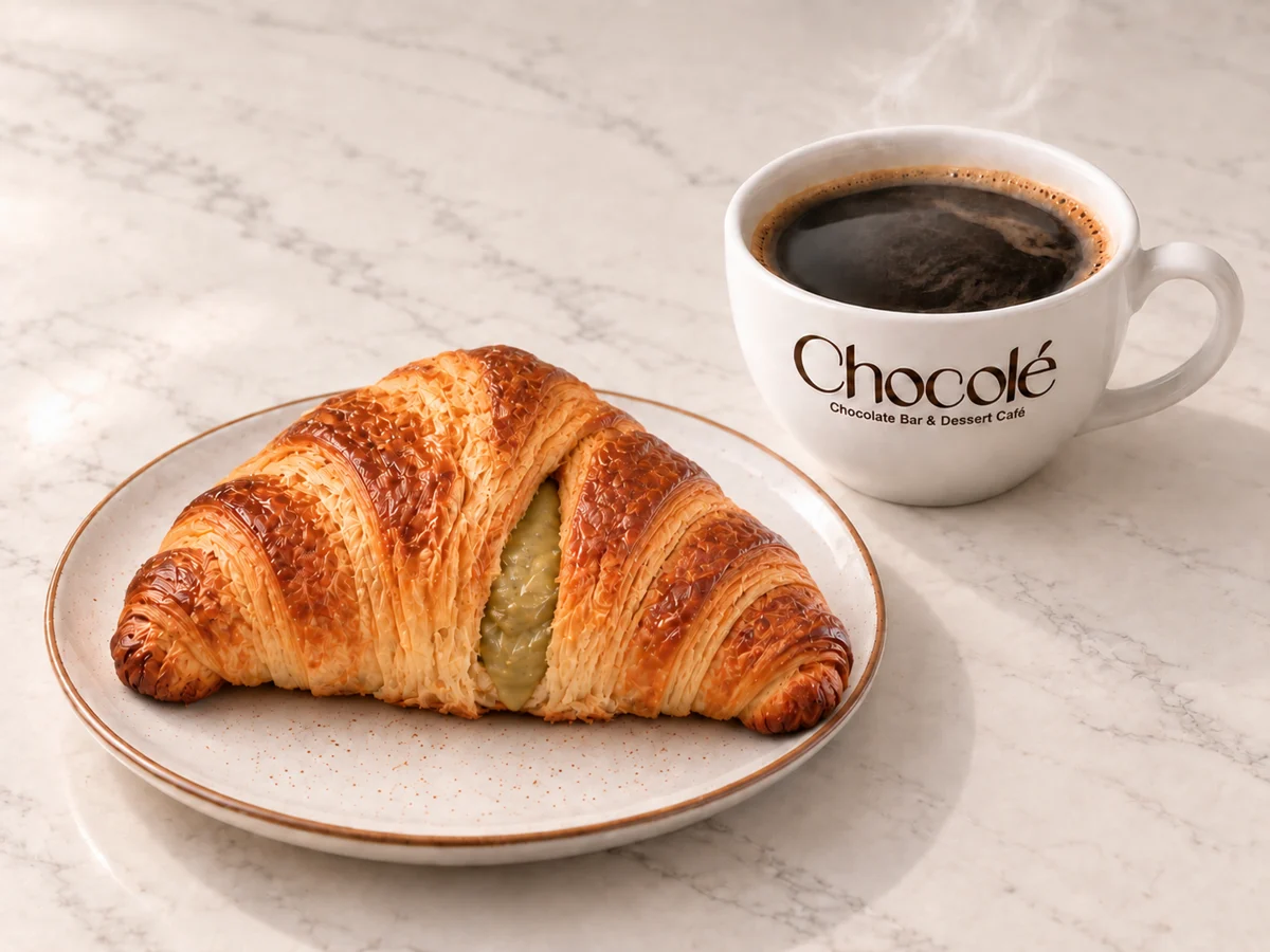 Pistachio Croissant Combo with hot coffee; serving illustration