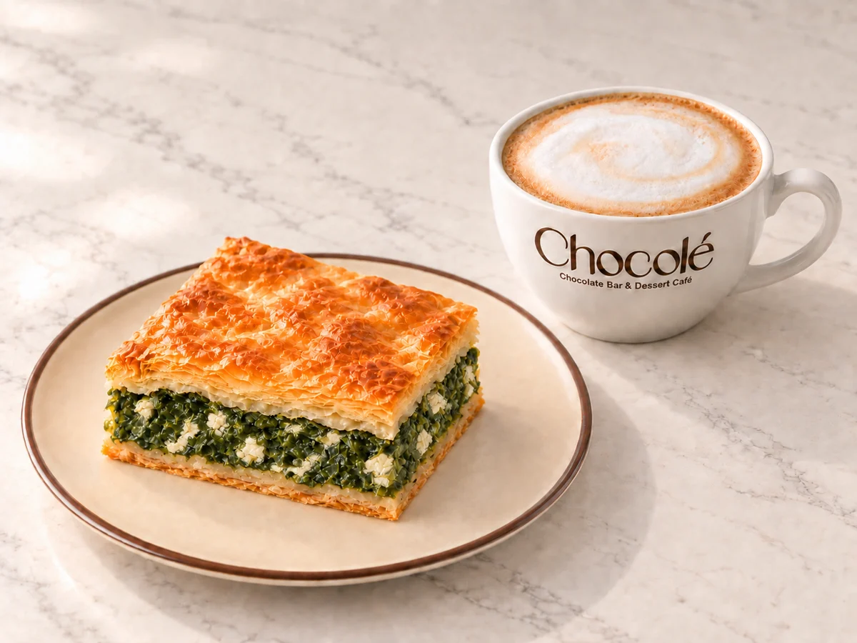 Spinach and Cheese Pie Combo with hot coffee; serving illustration