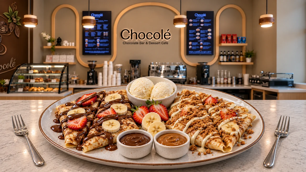 Sweet Duo sharing platter with crêpes, fruit, ice cream and chocolate dips; serving illustration